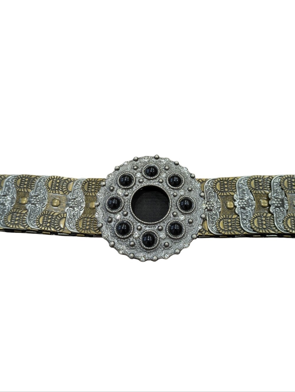 VTG Antique Brass Pewter Gold Metal Link Chunky Round Buckle Stretch Belt L/XL